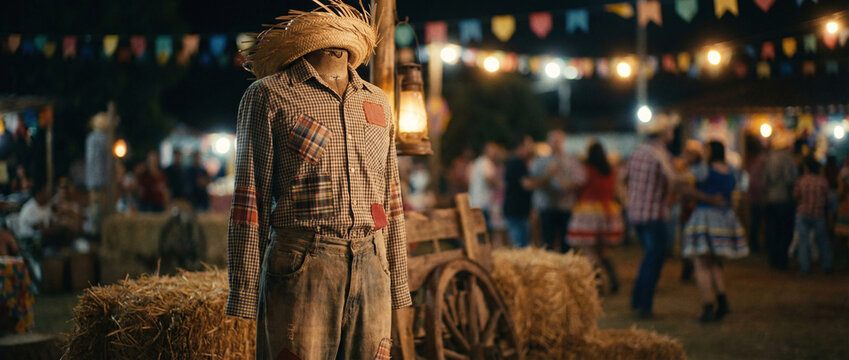 A scarecrow wearing a plaid shirt and a straw hat stands in front of hay bales at night, surrounded by a crowd of people