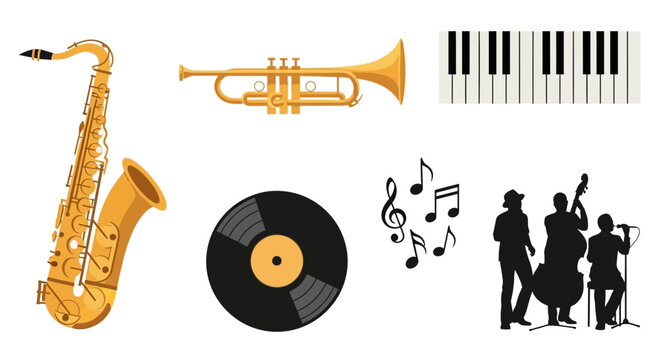 saxophone with notes,trumpet, piano key, jazz music vector illustration