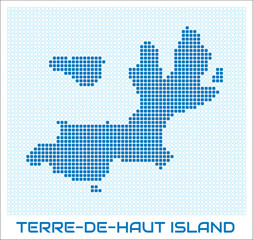 Obraz premium Terre-de-Haut Island digital style map with blue rounded rectangle dots. Guadeloupe. Dotted boundary shape. Terre-de-Haut Island blue colored map and title on white background.