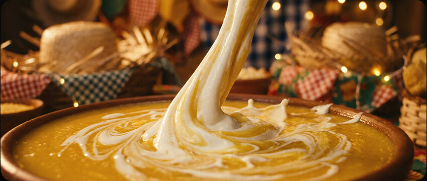 A close-up of a bowl of soup with a creamy topping being poured into it