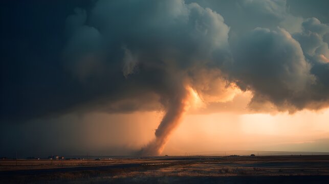 Tornado over open plains at golden hour, powerful funnel cloud storm chase landscape photography dramatic scene