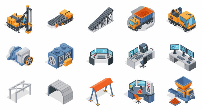 Industrial Equipment and Control Room Icons Set.