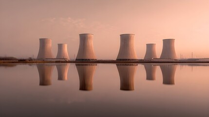 Obraz premium Rose-Gold Sky Frames Pristine Cooling Towers in Perfect Symmetry for Futuristic Energy Industry Visuals Campaigns