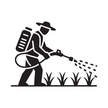 Farmer spraying crops with a backpack sprayer in a field