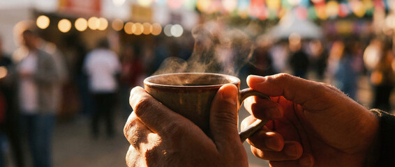 Fototapeta premium Two hands holding a cup of hot beverage with steam rising from it