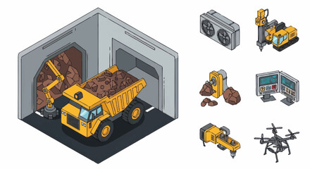 Isometric Mining Dump Truck and Excavator Loading Ore. © Joko