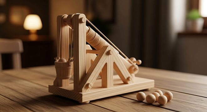 A wooden catapult sits on a table indoors with balls nearby.