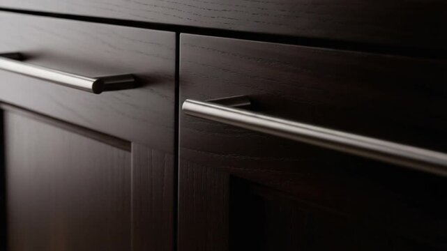 Closeup of dark brown wooden cabinet drawers with silver metal handles and knobs