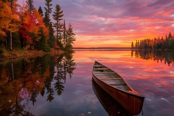 Obraz premium Canoe On Still Lake Under Fiery Autumn Sunset, Peaceful Reflection Landscape For Travel Posters Prints
