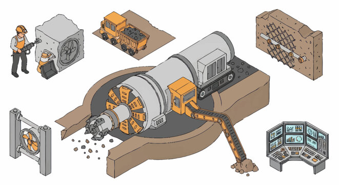 Tunnel Boring Machine Construction Site Isometric Illustration.