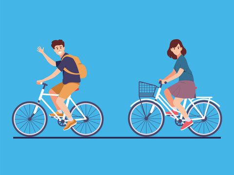 Man and Woman Riding Bicycles Together