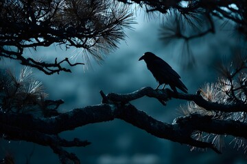 Fototapeta premium Raven Silhouette On Gnarled Pine Branch, Low Key Cinematic Wildlife Scene For Gothic Art Prints