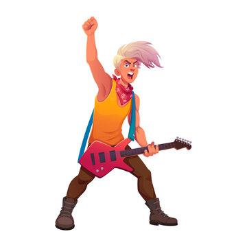Energetic Rock Guitarist Playing Electric Guitar With Fierce Pose and Stylish Blonde Hair