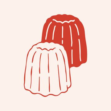 Hand drawn vector illustration of two traditional French canele pastries. Minimalist red line art icon of delicious Bordeaux dessert for bakery menu and food design. High quality sweet snack clipart