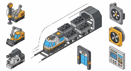 Isometric Industrial Mining Train and Equipment Illustration. © Deni