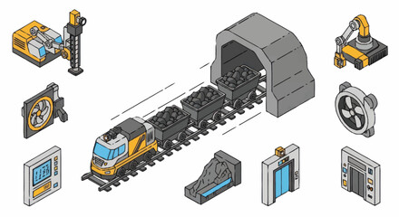 Isometric Industrial Train and Mining Equipment Set. © Deni