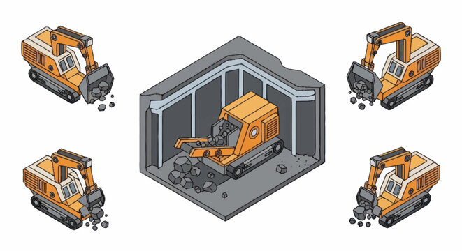 Mini Excavator Working in Construction Site Isometric View.