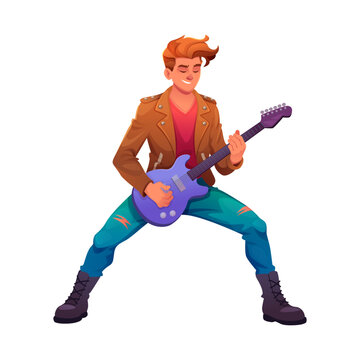 Young Rock Guitarist Playing Electric Guitar In Energetic Pose Wearing Leather Jacket And Boots