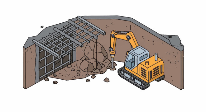 Excavator Demolishing Structure with Rocks and Debris.