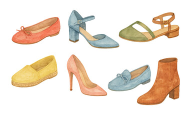 Fototapeta premium Png watercolor set of elegant women's shoes in various styles isolated on transparent background. concept of fashion footwear, stylish accessories, girly shoe collection.