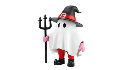 Cartoon Ghost Devil with Trident and Witch Hat