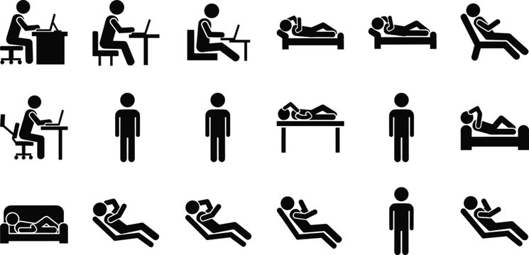 Stick figure man in various poses silhouette vector set showing working, sitting, standing, and resting positions.