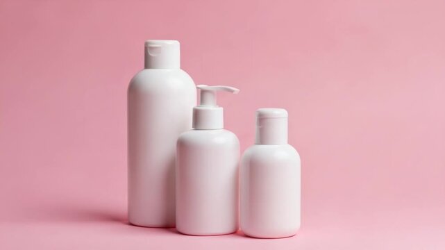 Three white cosmetic bottles on a pink background for skincare or beauty product advertising purposes