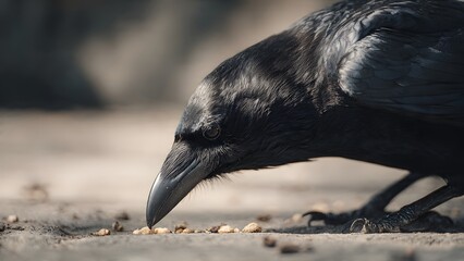 black crow eating food on the ground, natural behavior, detailed beak and feathers, outdoor natural environment