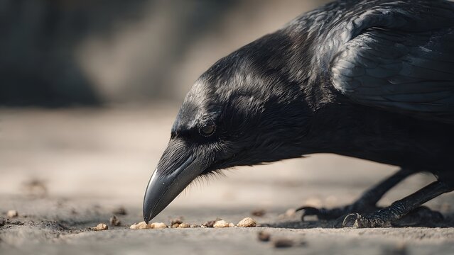 black crow eating food on the ground, natural behavior, detailed beak and feathers, outdoor natural environment