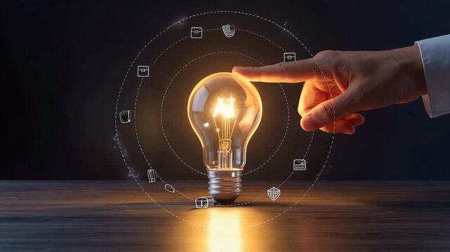 男性が金融向けAI電球に触れ、銀行やグラフの記号が環状に連なる構図