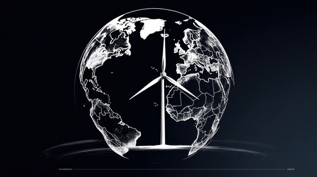 Abstract globe illustration with wind turbine on dark background