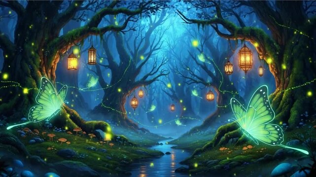 A magical forest scene with glowing butterflies and lanterns in the trees at night with a stream running through it