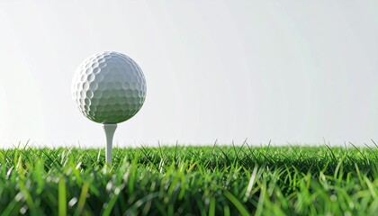 Obraz premium Golf ball on tee, green grass, bright sky