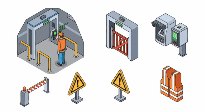 Security Checkpoint and Safety Equipment Isometric Icons.