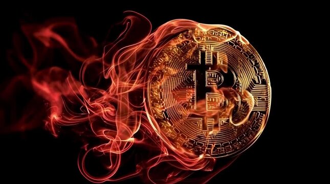 A golden Bitcoin cryptocurrency coin engulfed in fiery red smoke against a dark background, symbolizing volatility or high value.