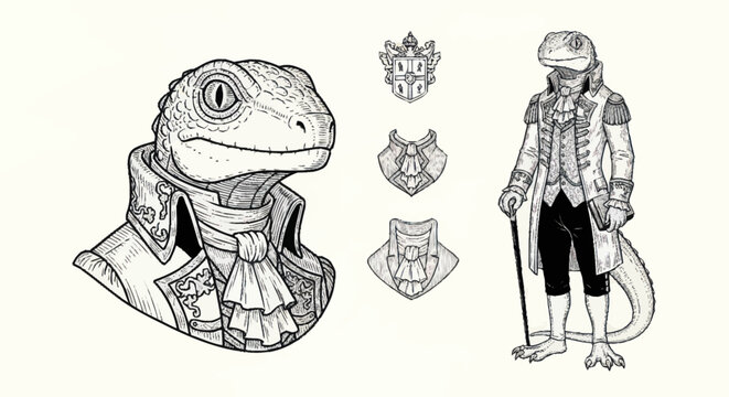 Anthropomorphic Lizard Character in Historical Attire.