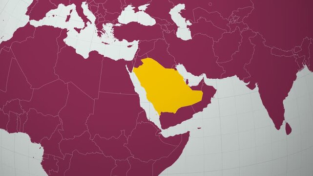 Saudi Arabia map. Animated zoom into the country on the Globe in Pale Mint Dark Pink color palette. Country logo animation with round text and airplanes. Map with meridians, parallels.