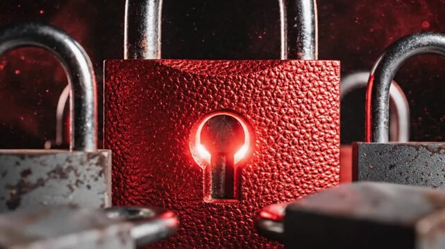 Closeup of red and gray padlocks with one red padlock glowing on a dark background with red sparks