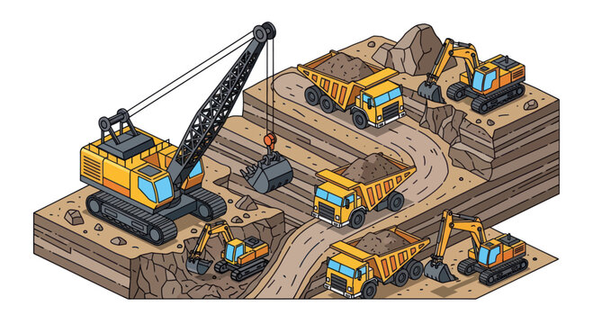 Isometric view of a large-scale open-pit mining operation with heavy machinery.