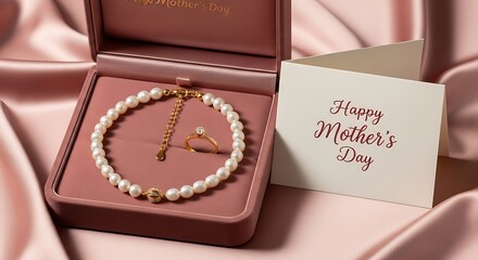 silhouette Elegant pearl bracelet and earrings gift set in pink box with happy mother's day card on satin background