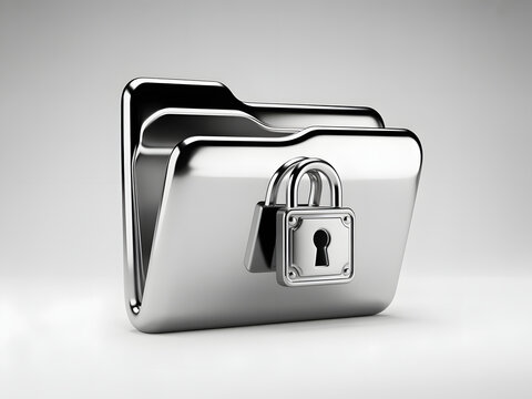 A 3D rendered image of a closed folder with a shiny metallic lock symbolizing secure data storage and privacy.