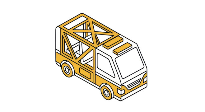 Isometric view of a yellow and white futuristic van or shuttle vehicle.