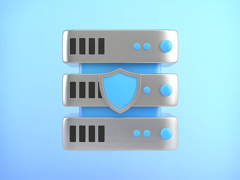A 3D rendering of a server rack with a shield icon in the center, symbolizing data security and protection.
