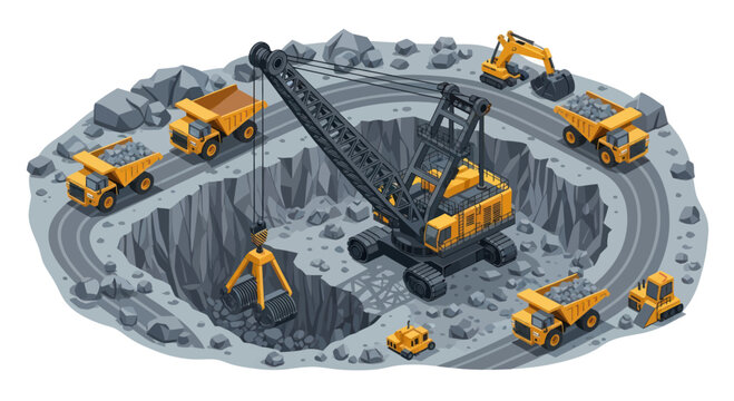 Mining operation with heavy machinery and trucks in an open pit mine.