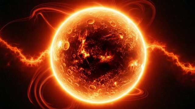 The sun with solar flares and a fiery atmosphere in space