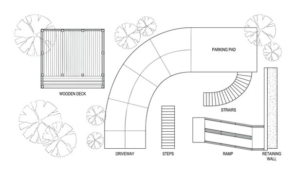 Top view landscape plan showing a variety of residential outdoor features including parking pad and driveway