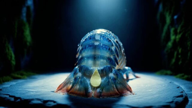 Close up video footage showcasing a large blue and orange deep sea isopod specimen glistening under dramatic blue spotlight motion