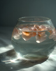 Glass bowl with floating pink rose petals in natural sunlight