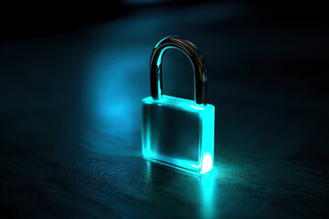 Fototapeta premium Futuristic padlock glowing lock cyber security neon light blue cyan dark background macro closeup data protection Futuristic