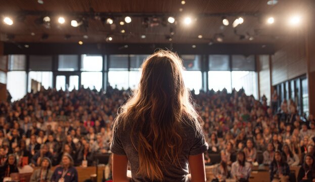Female speaker presenting intricate ideas to a large audience in a spacious, well-lit auditorium